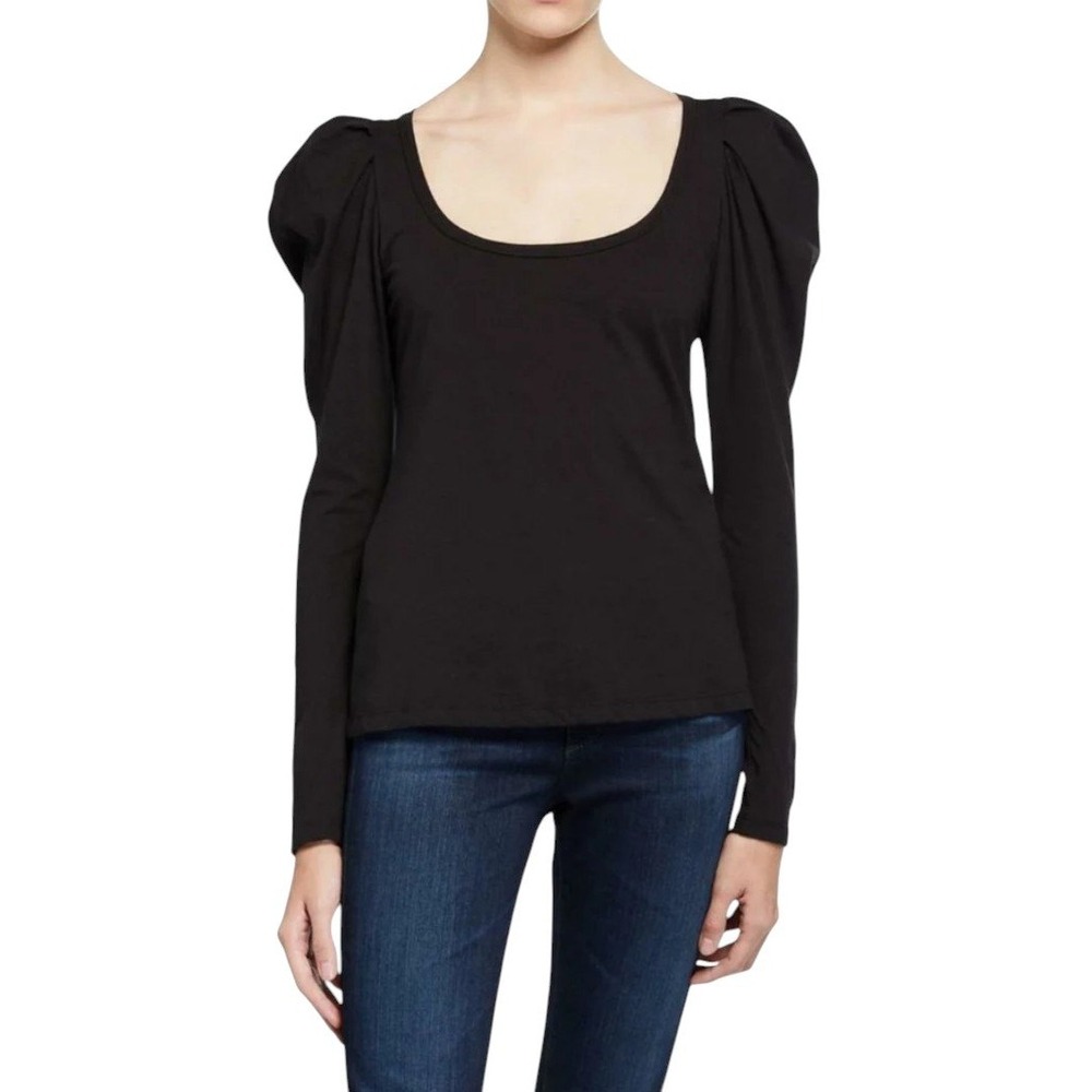 A.L.C. Black Puff Sleeve Top XS 100% Cotton Long Sleeve Scoop Neck Minimalist